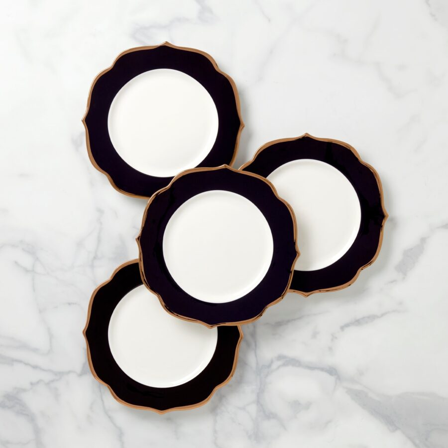 Black Porcelain Accent Plates with Gold Rim - Set of 4