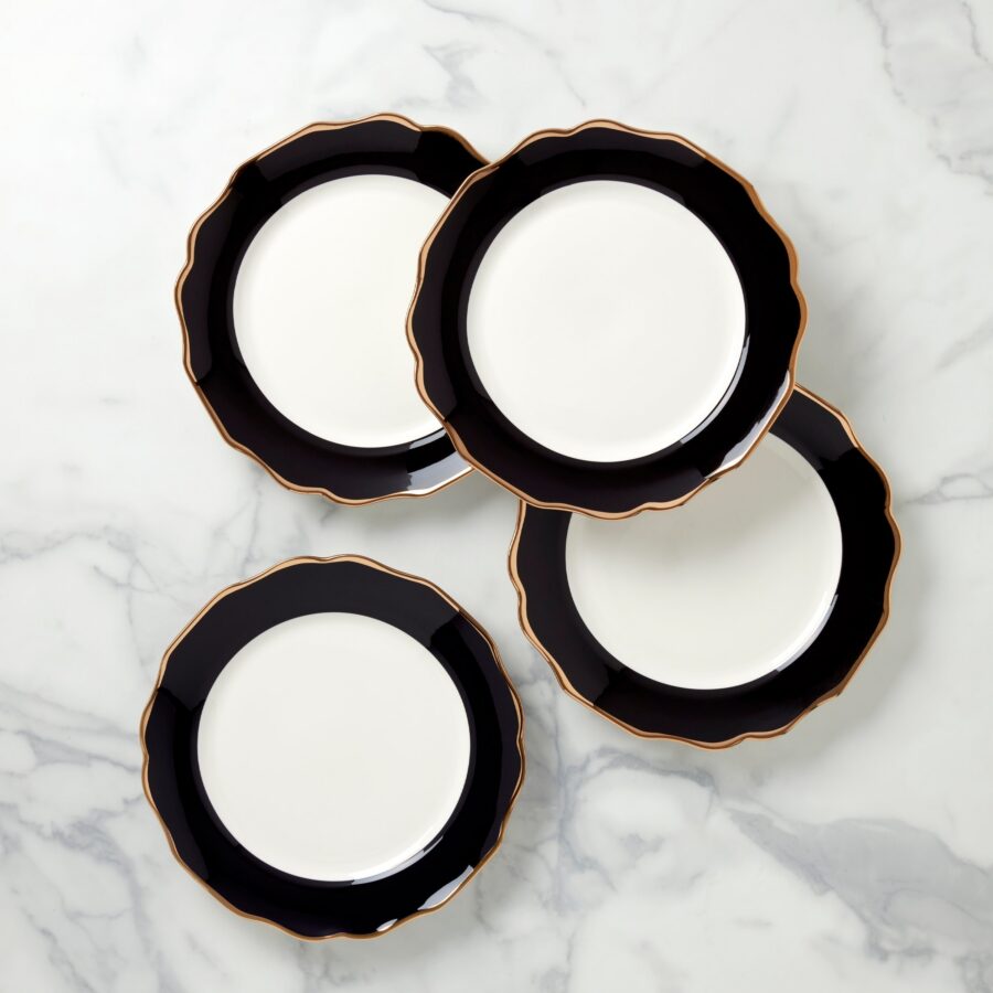 Black Porcelain Dinner Plates with Gold Rim - Set of 4