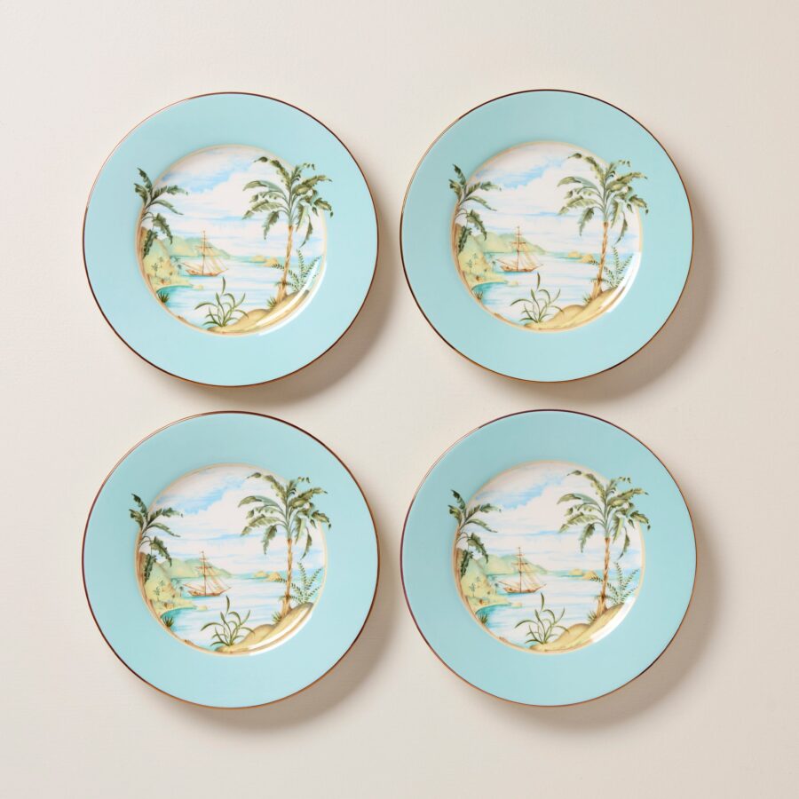 Tropical Palm Gold Rim Accent Plates - Set of 4