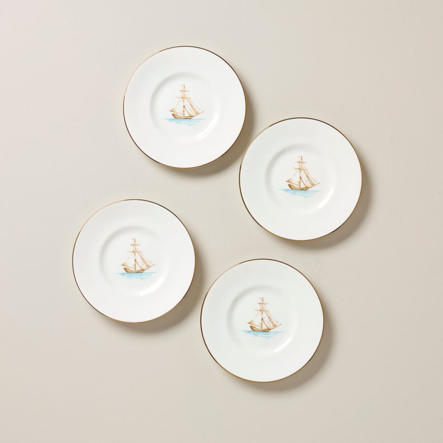 Sailing Ship Gold Rim Dessert Plates - Set of 4