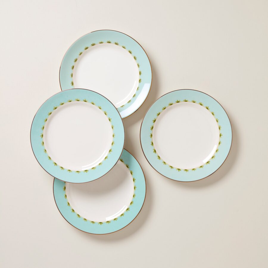Aqua Palm Border Gold Rim Dinner Plates - Set of 4