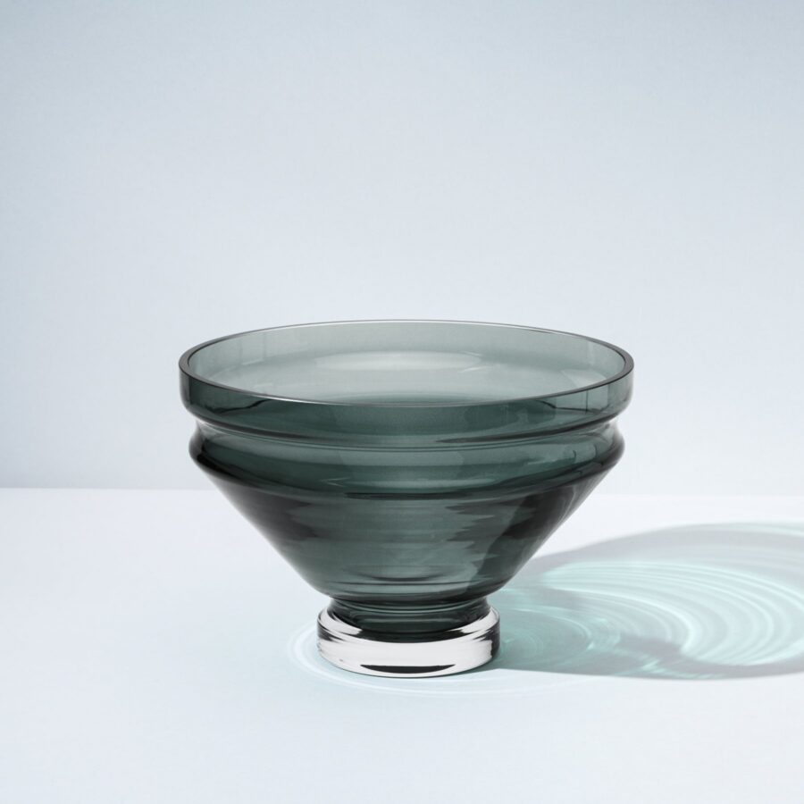 Large Smokey Gray Sculptural Ripple Glass Bowl